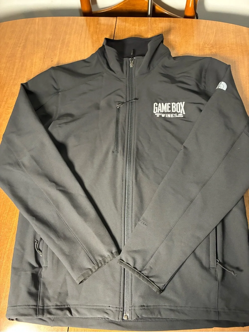 The North Face Men's Dark Black Softshell Jacket with Game Box Wines Logo Size L